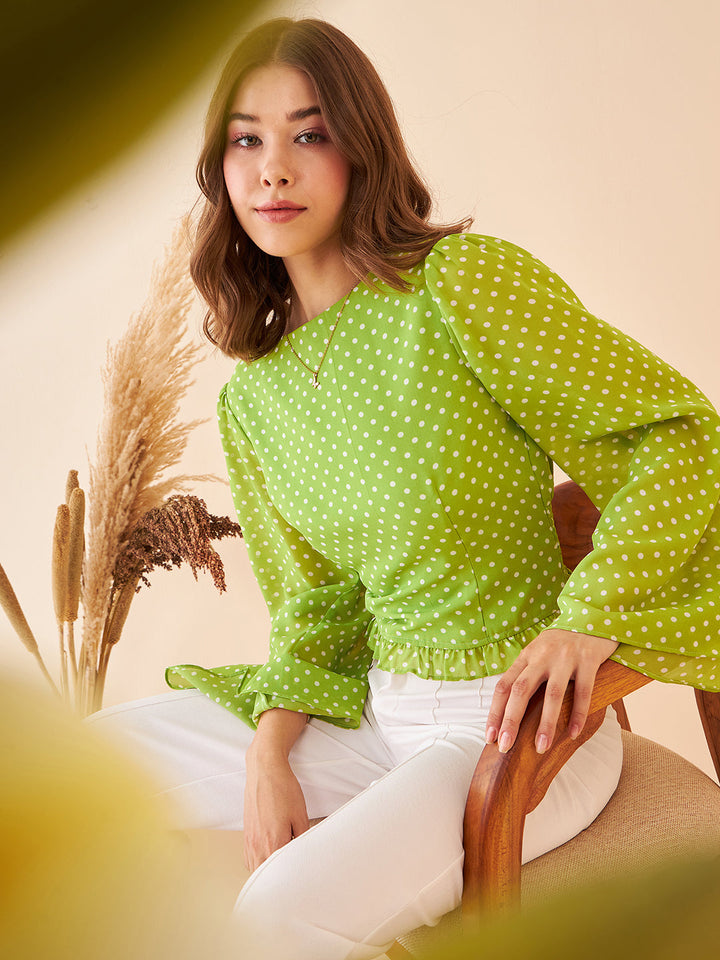 Green Polka-dot Bell Sleeve Top