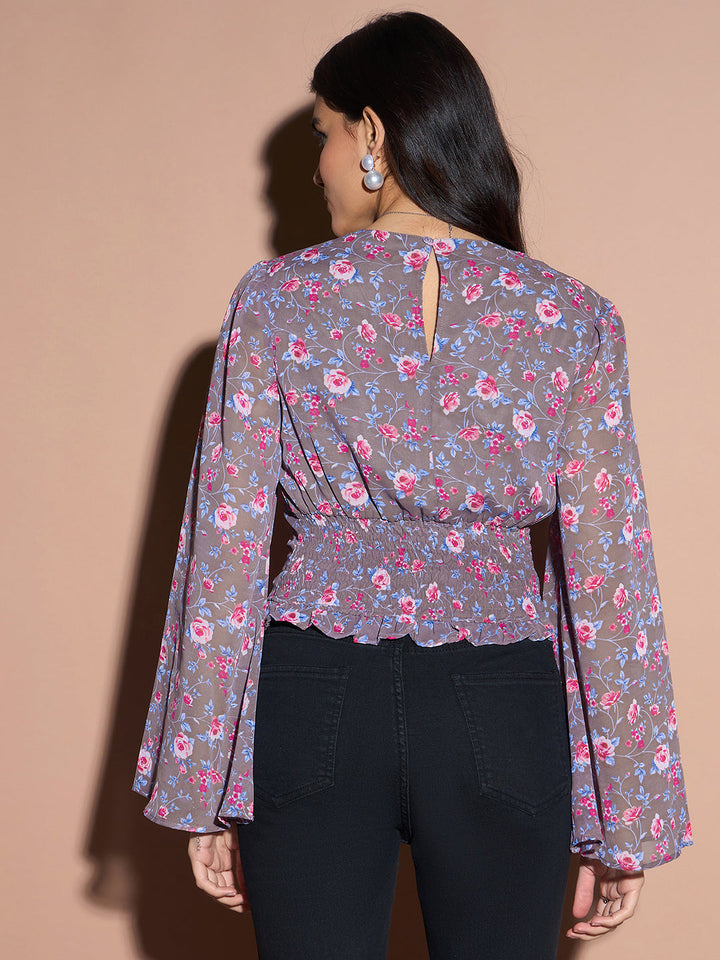 Brown Floral Bell Sleeve Top