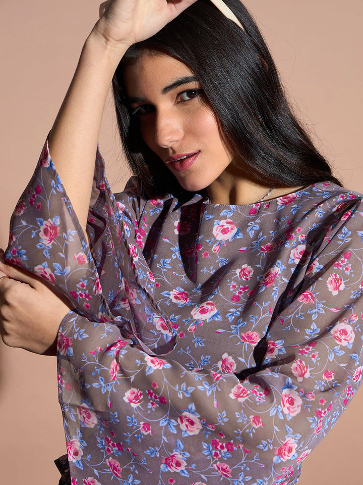Brown Floral Bell Sleeve Top