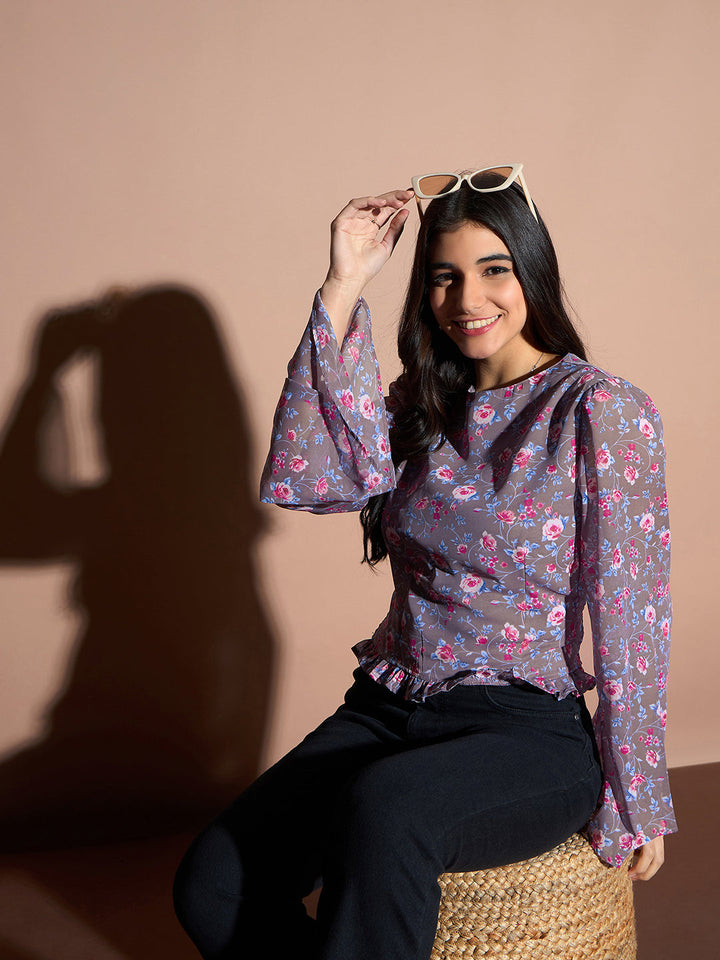 Brown Floral Bell Sleeve Top