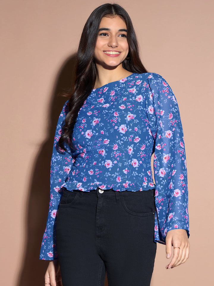 Blue Floral Bell Sleeve Top