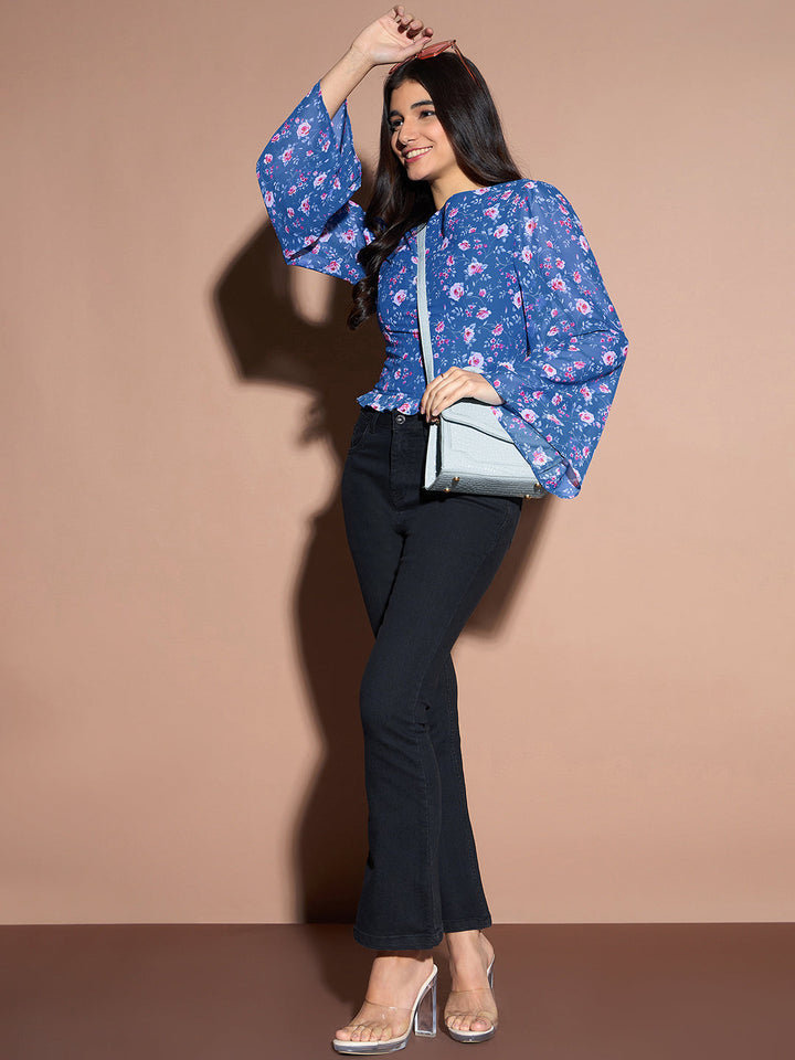 Blue Floral Bell Sleeve Top