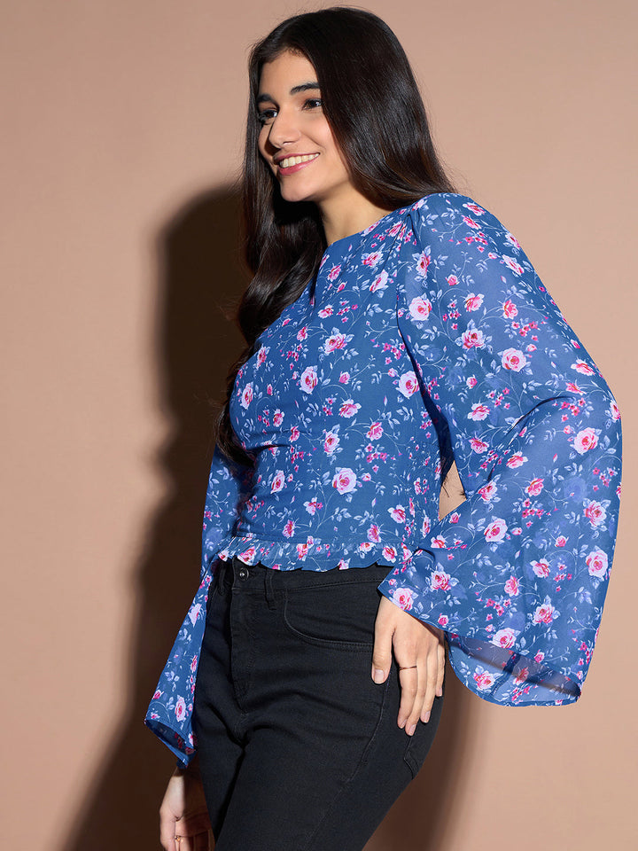 Blue Floral Bell Sleeve Top