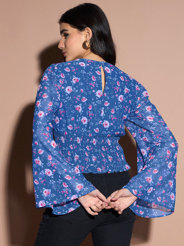 Blue Floral Bell Sleeve Top