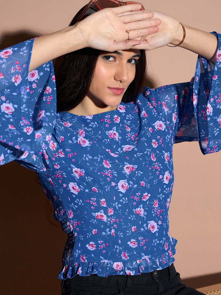 Blue Floral Bell Sleeve Top