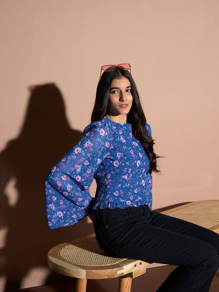 Blue Floral Bell Sleeve Top