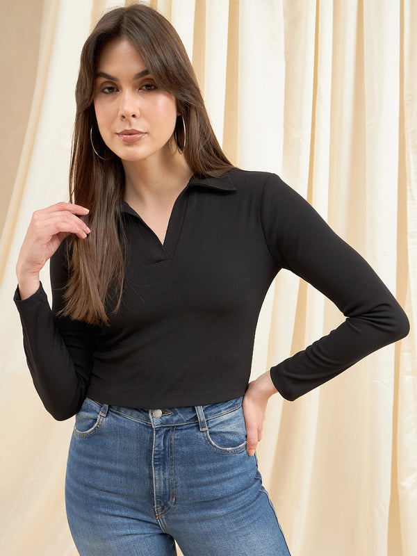 Black Collard V-Neck Rib Top