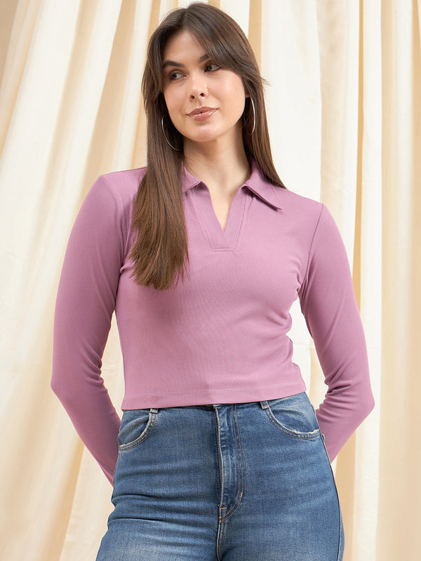 Pink Collard V-Neck Rib Top