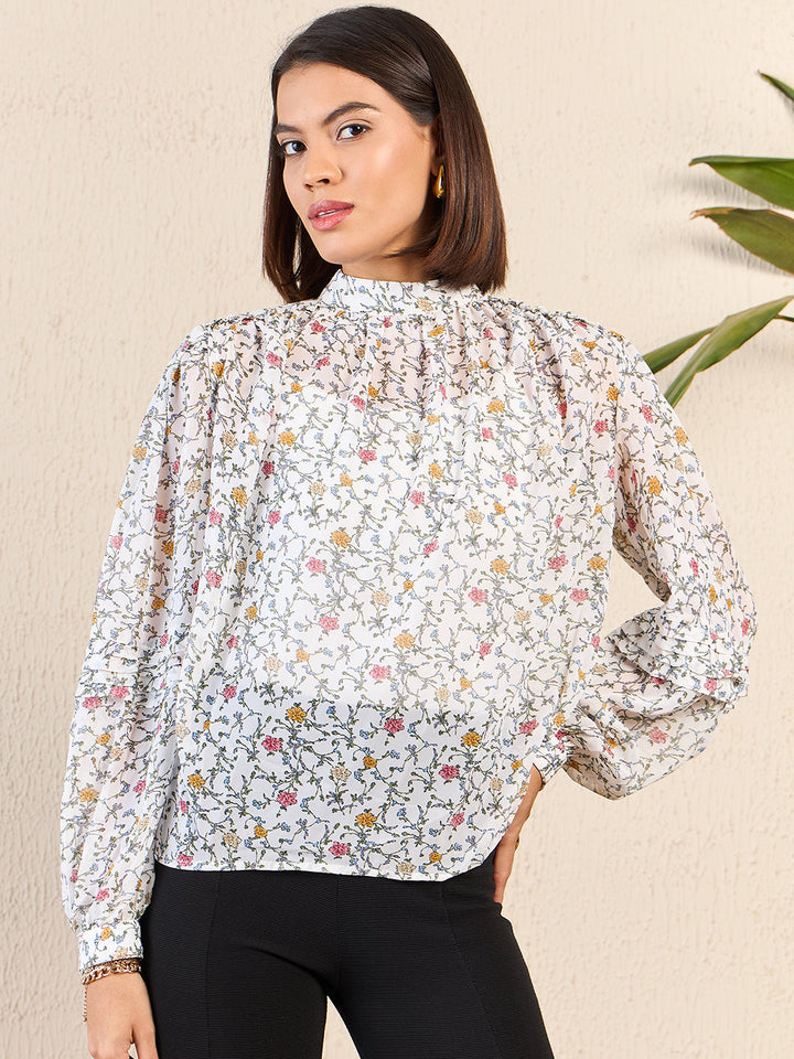 High Neck Cuffed Sleeve Blouse