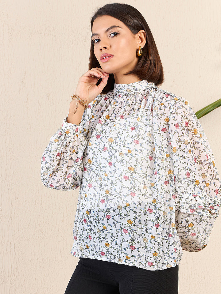 High Neck Cuffed Sleeve Blouse