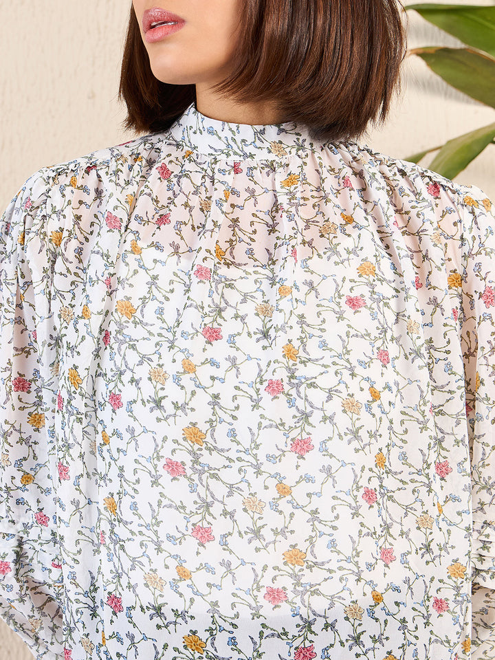 High Neck Cuffed Sleeve Blouse