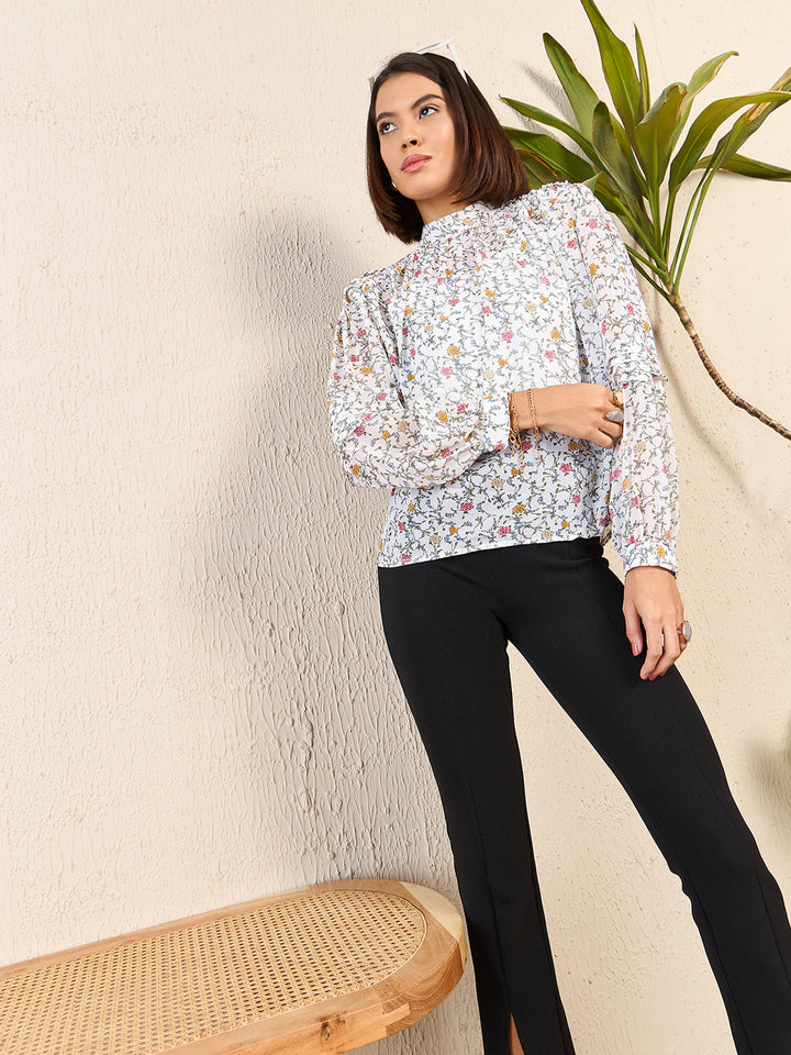 High Neck Cuffed Sleeve Blouse
