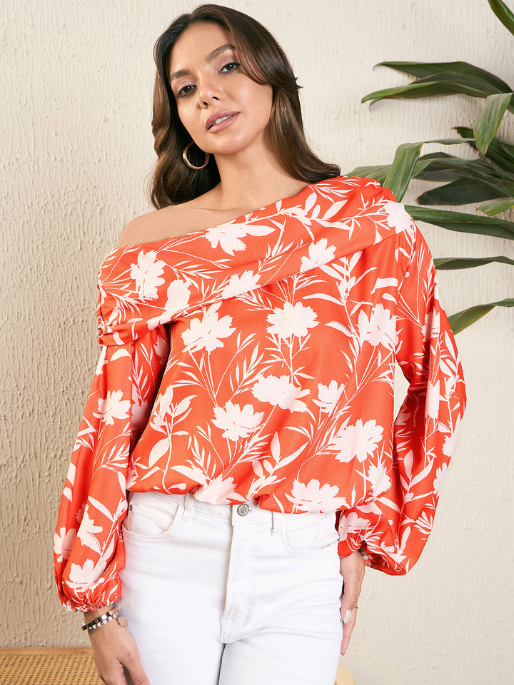 Floral Print One Shoulder Blouson Top
