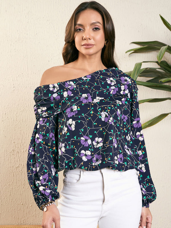 Floral Print One Shoulder Blouson Top