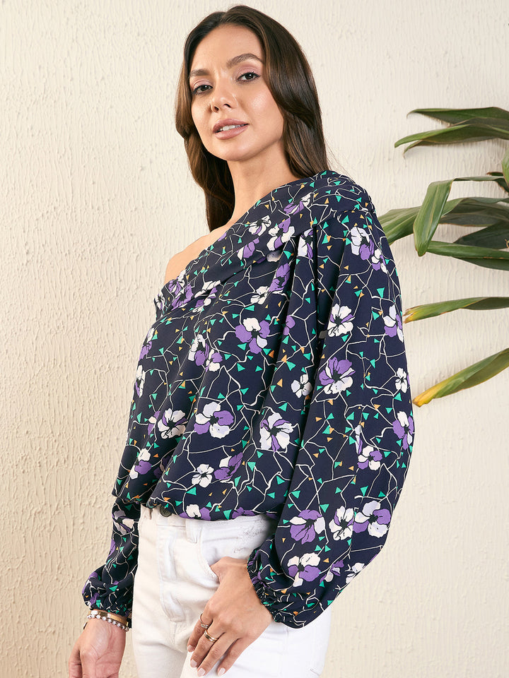 Floral Print One Shoulder Blouson Top