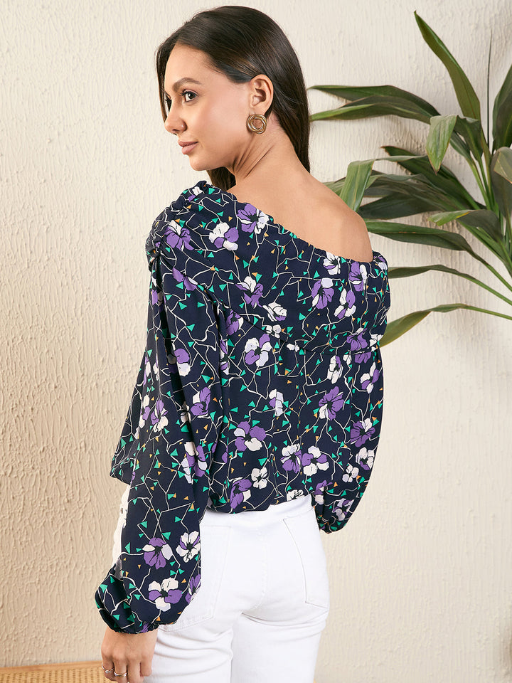Floral Print One Shoulder Blouson Top