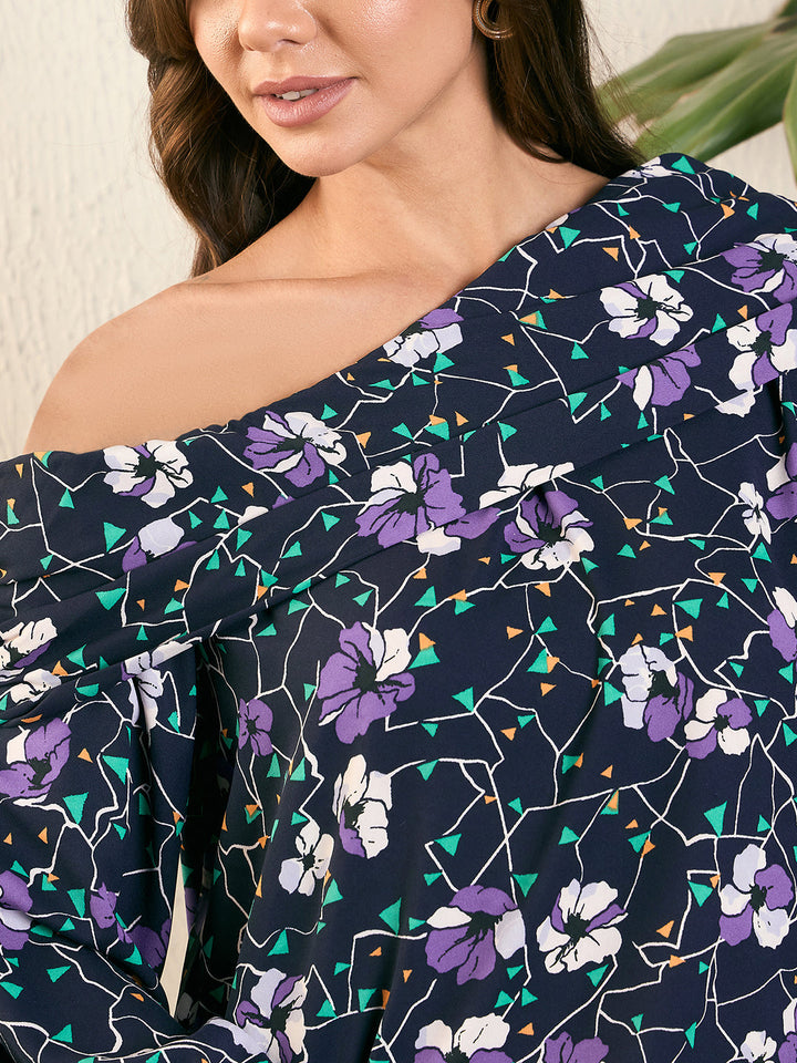 Floral Print One Shoulder Blouson Top