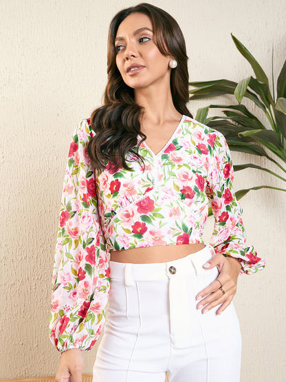 Floral Print Lace Trim Bow Detail Blouse