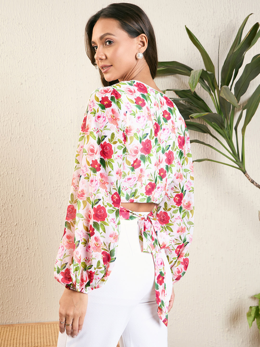 Floral Print Lace Trim Bow Detail Blouse