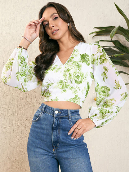 Floral Print Lace Trim Bow Detail Blouse