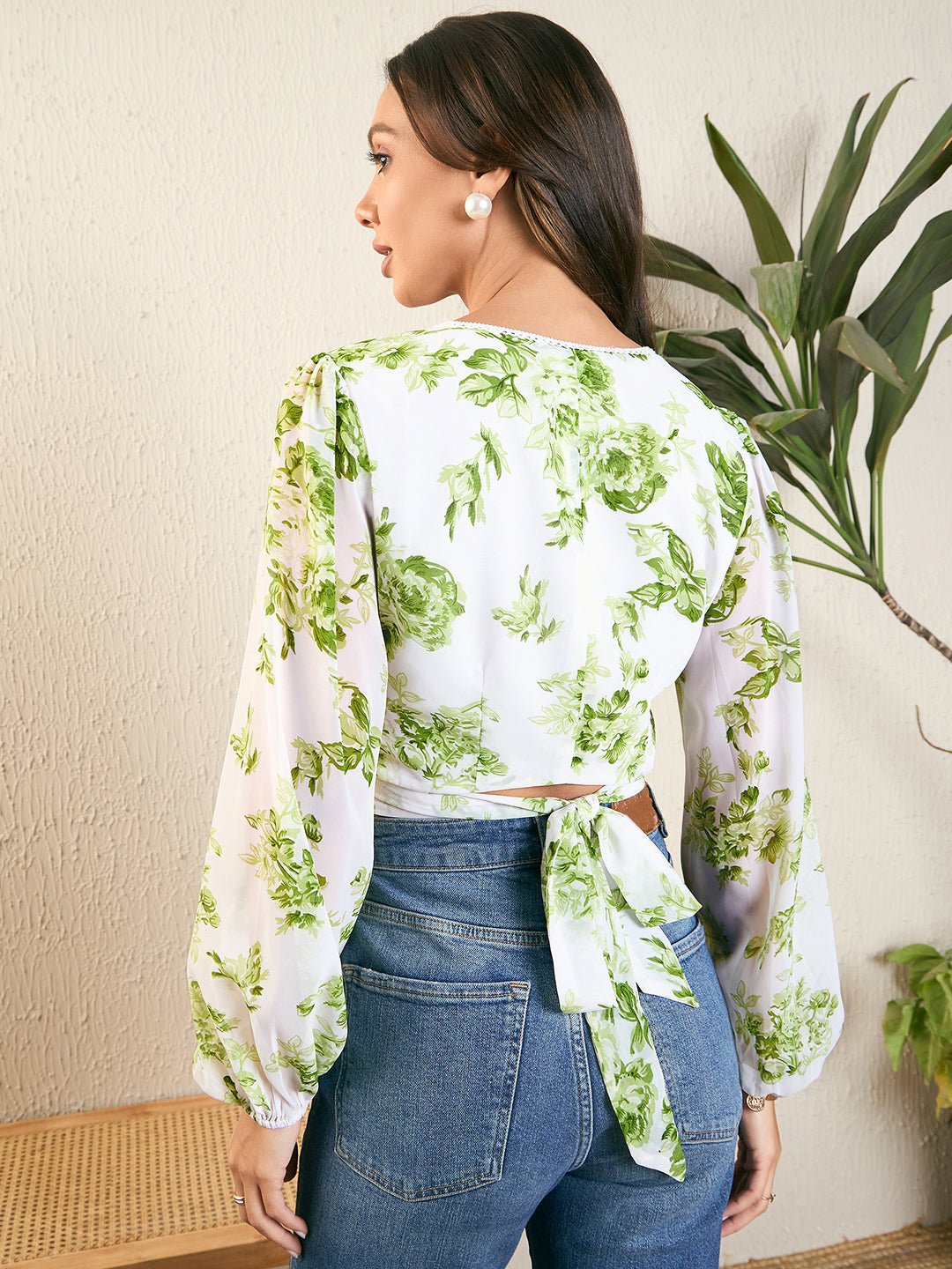 Floral Print Lace Trim Bow Detail Blouse