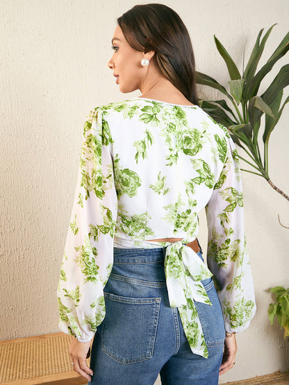 Floral Print Lace Trim Bow Detail Blouse