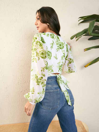 Floral Print Lace Trim Bow Detail Blouse