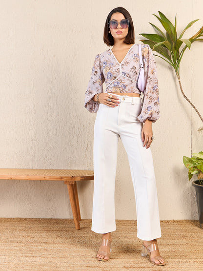 Floral Print Lace Trim Bow Detail Blouse