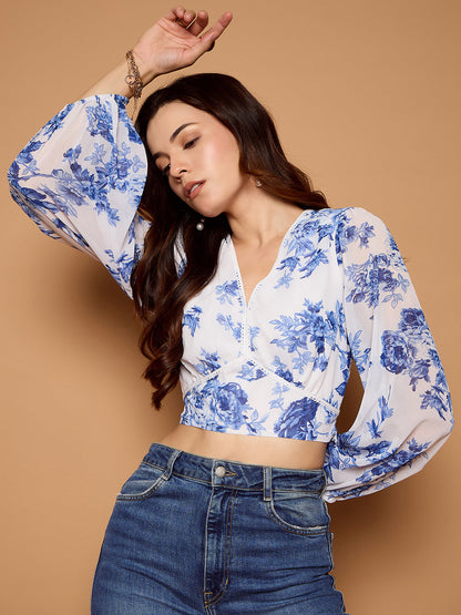 Floral Print Lace Trim Bow Detail Blouse