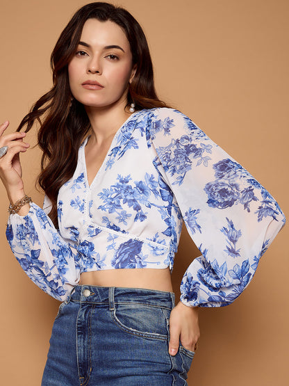 Floral Print Lace Trim Bow Detail Blouse
