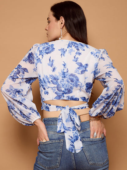 Floral Print Lace Trim Bow Detail Blouse