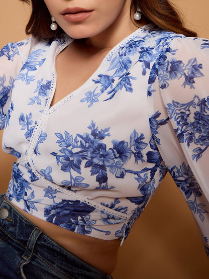 Floral Print Lace Trim Bow Detail Blouse