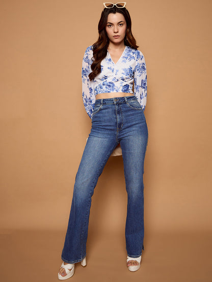 Floral Print Lace Trim Bow Detail Blouse