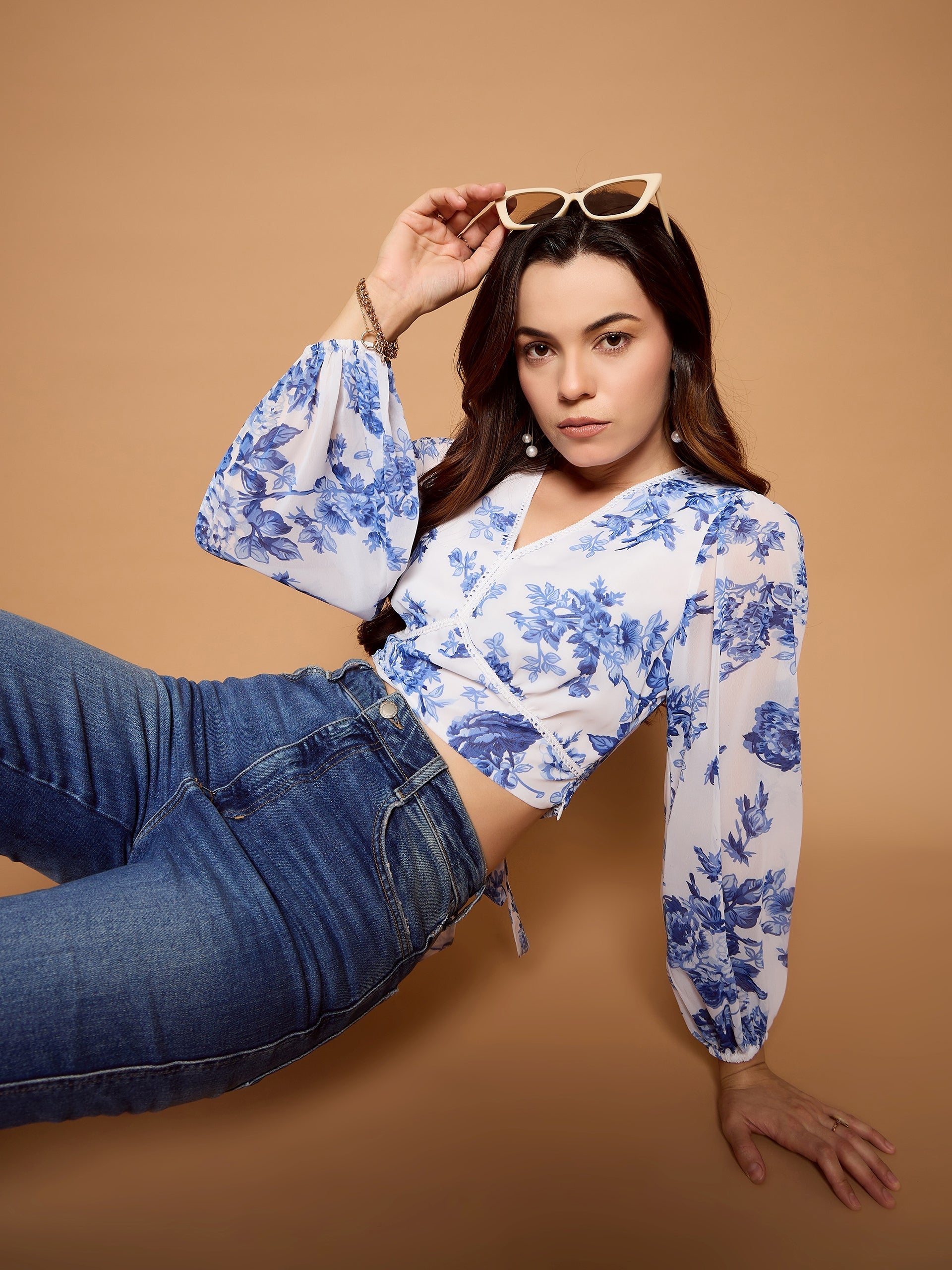 Floral Print Lace Trim Bow Detail Blouse