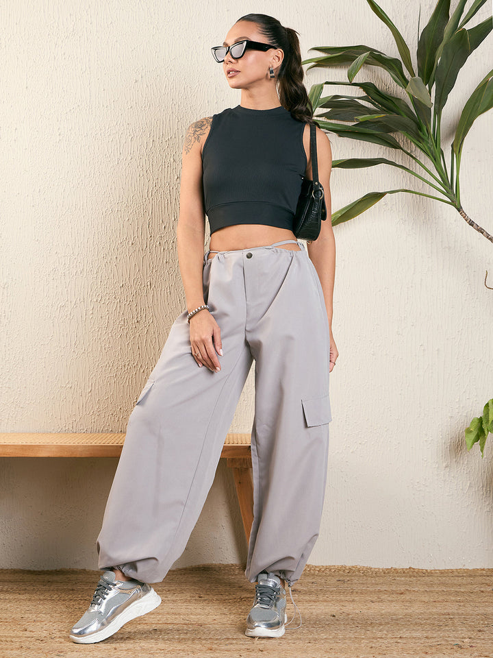 Bow Detail Rib Black Crop Top