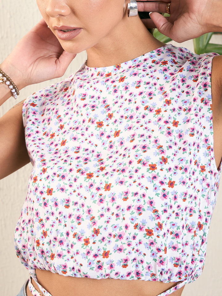 Waist Tie-up Floral Blouson Top