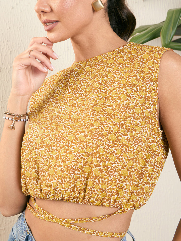Waist Tie-up Floral Blouson Top