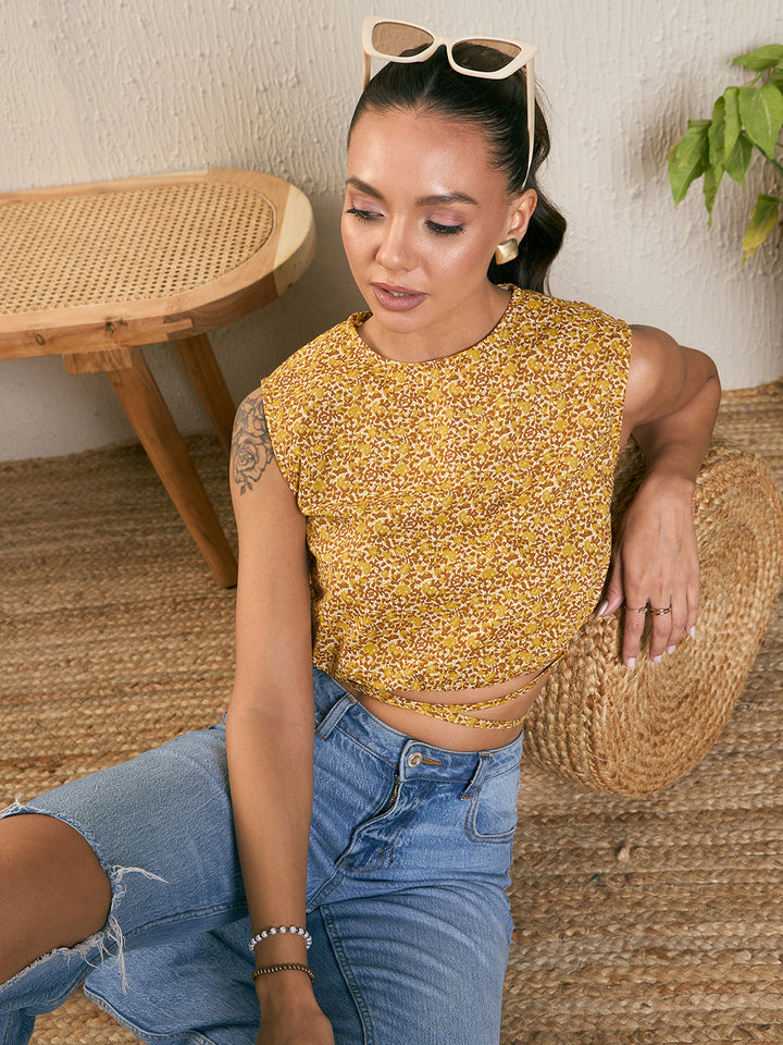 Waist Tie-up Floral Blouson Top