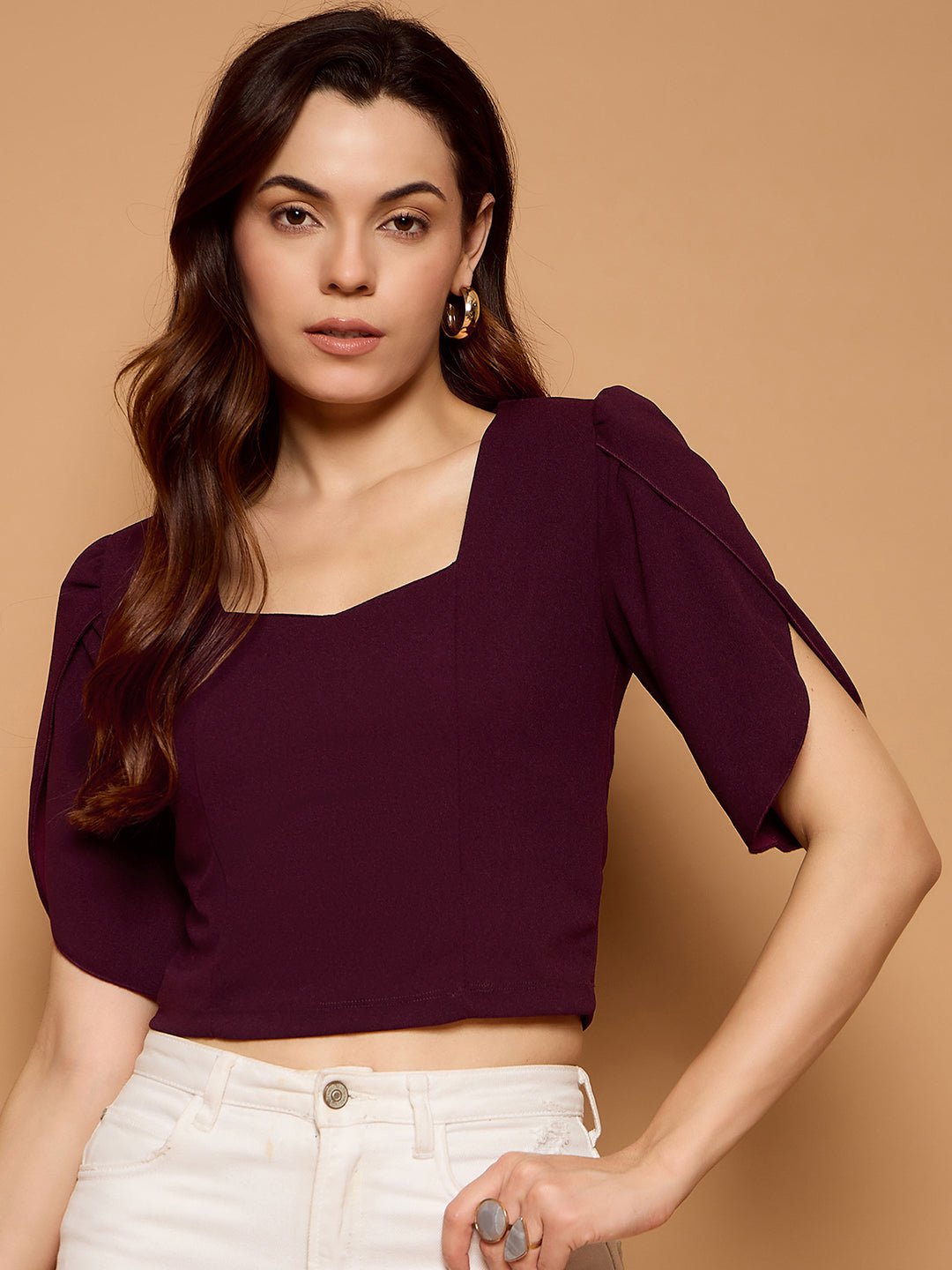 Tulip Sleeves Solid Crop Top
