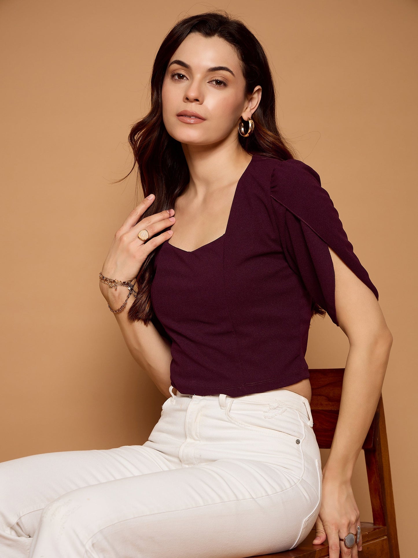 Tulip Sleeves Solid Crop Top