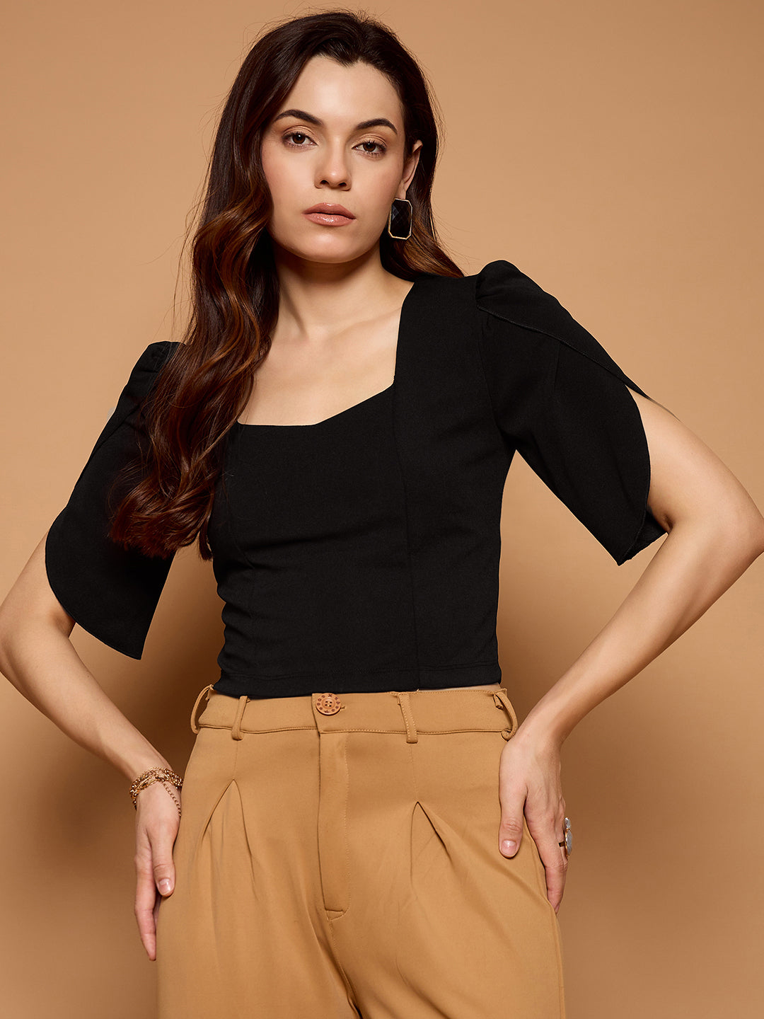 Tulip Sleeves Solid Crop Top