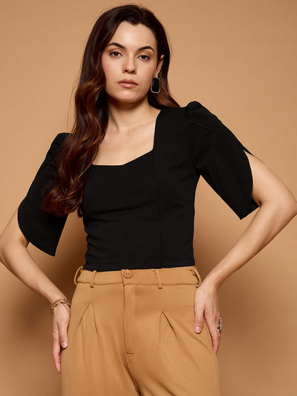 Tulip Sleeves Solid Crop Top
