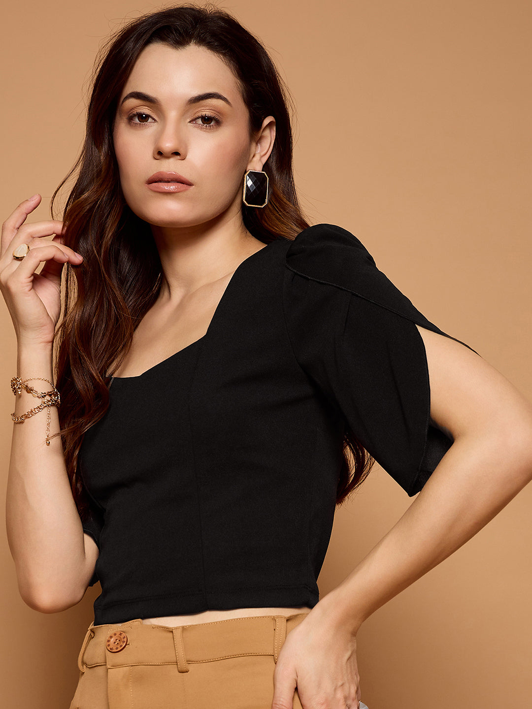 Tulip Sleeves Solid Crop Top