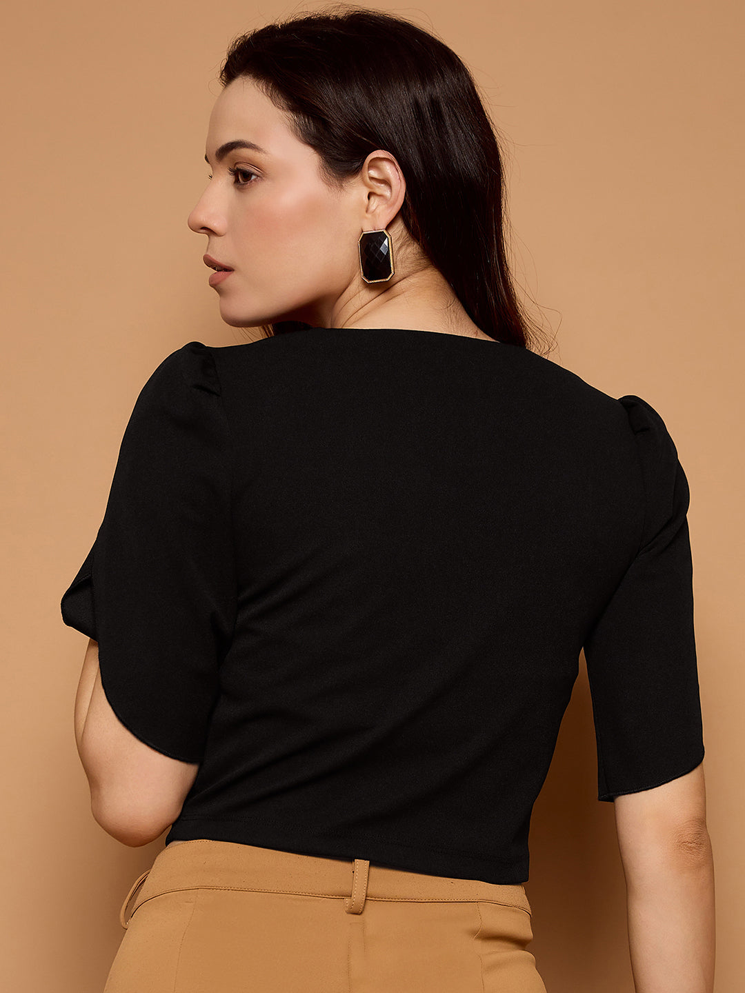 Tulip Sleeves Solid Crop Top