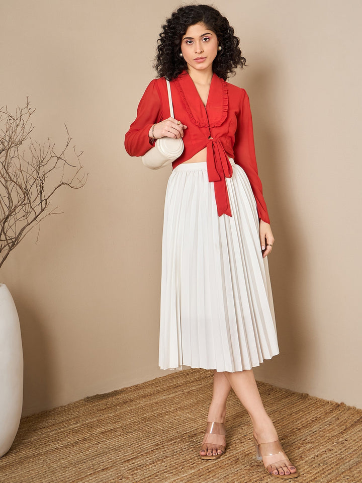 Georgette Solid Orange Zoom Collar Top