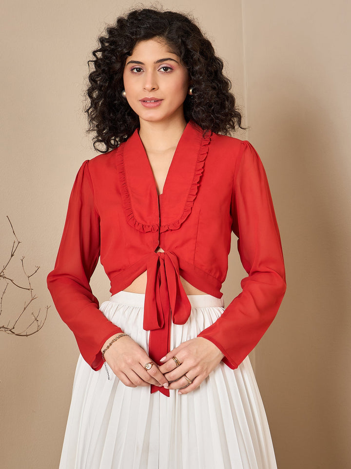 Georgette Solid Orange Zoom Collar Top