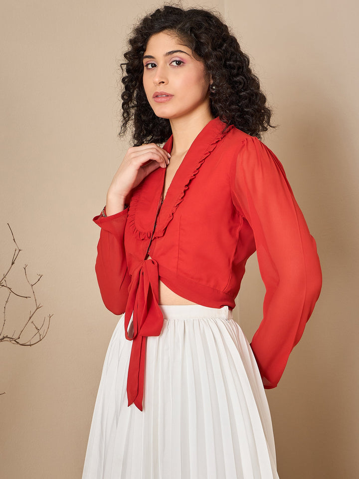 Georgette Solid Orange Zoom Collar Top