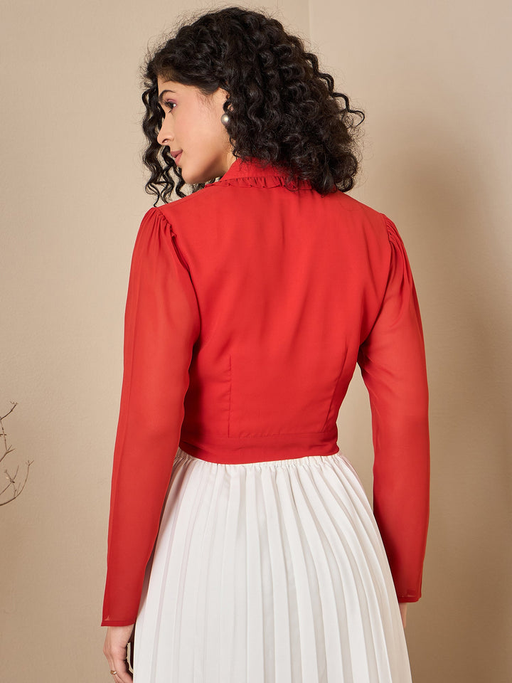Georgette Solid Orange Zoom Collar Top