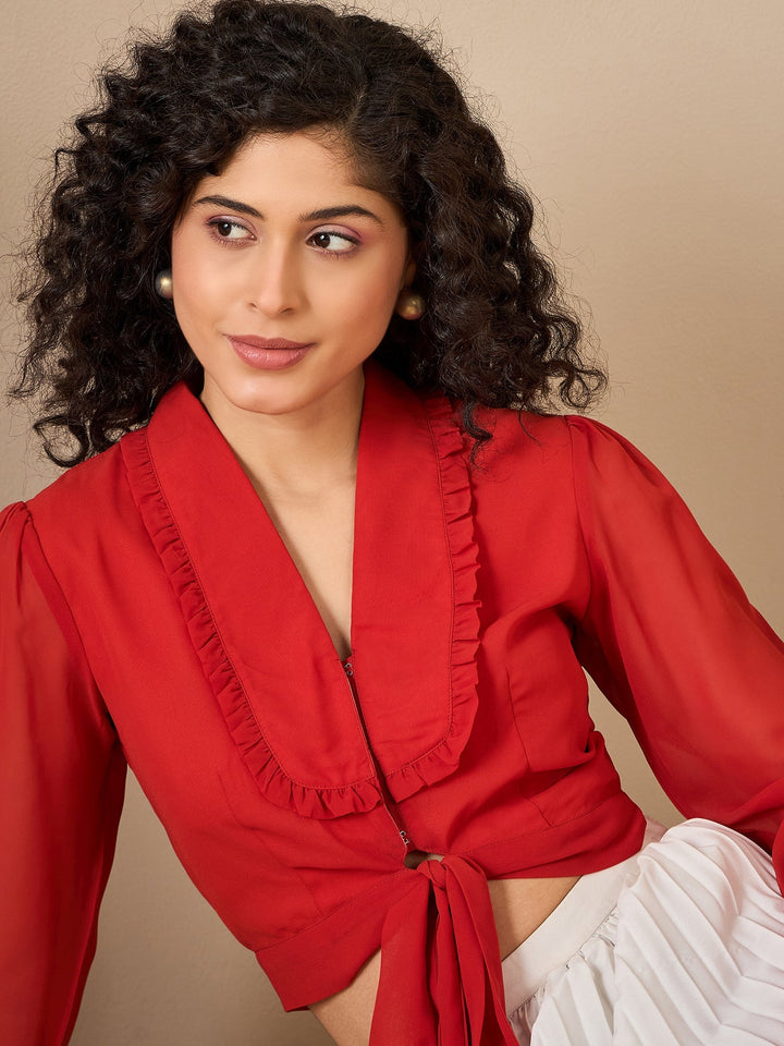 Georgette Solid Orange Zoom Collar Top