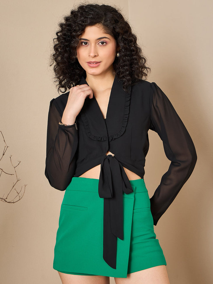 Georgette Solid Black Zoom Collar Top